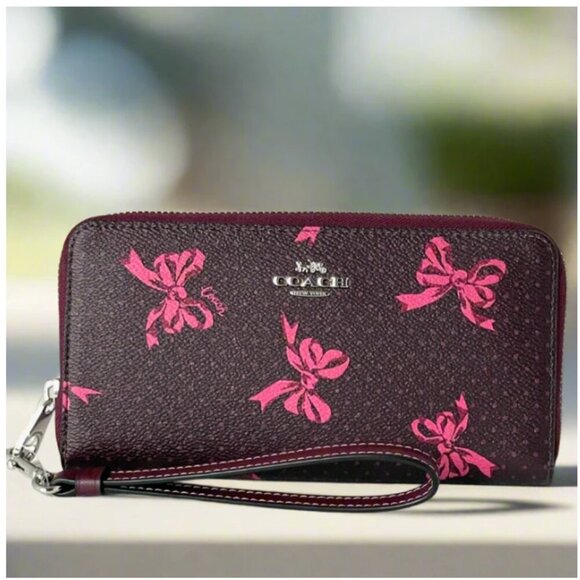 Coach Long Zip Around Pink Bow Wallet Phone Wristlet Merlot Canvas CZ327 - Picture 1 of 8
